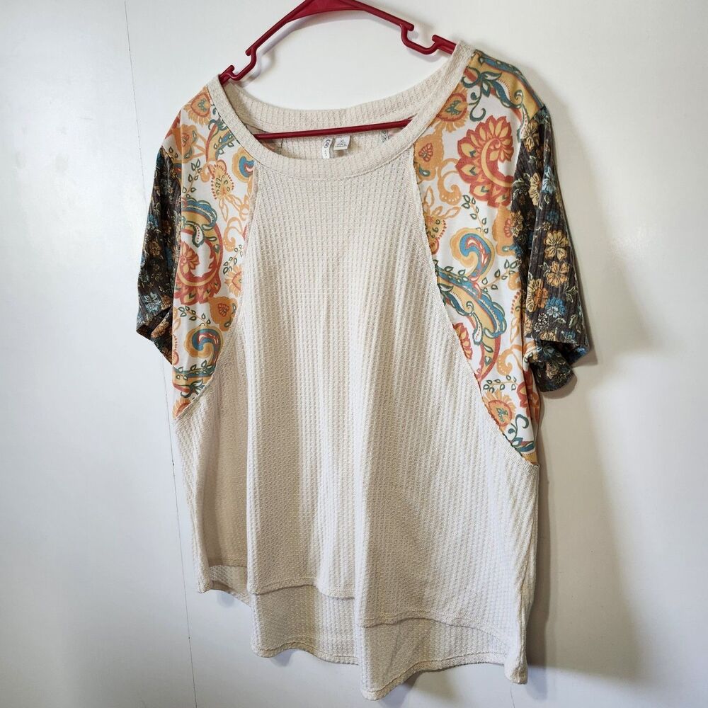 Cato Womens XL Floral Patchwork Waffle Knit Top Raglan Short Sleeve Boho - Picture 2 of 8
